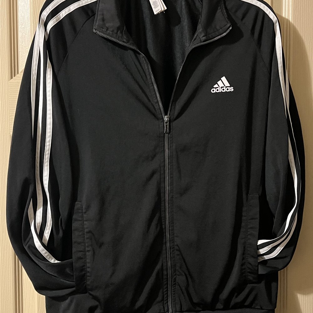 Adidas Men's Black Windbreaker with White Stripes